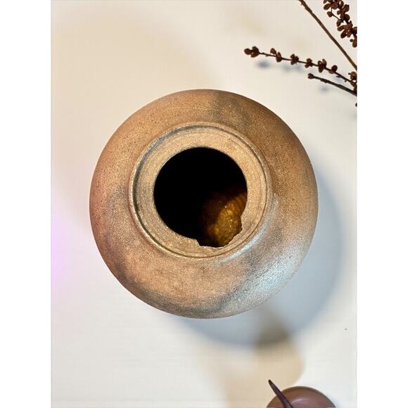 Carol Green Studio Pottery Lidded Jar-Bronze Vine Finial-Art-Raku Clay-Wabi Sabi - Picture 6 of 10